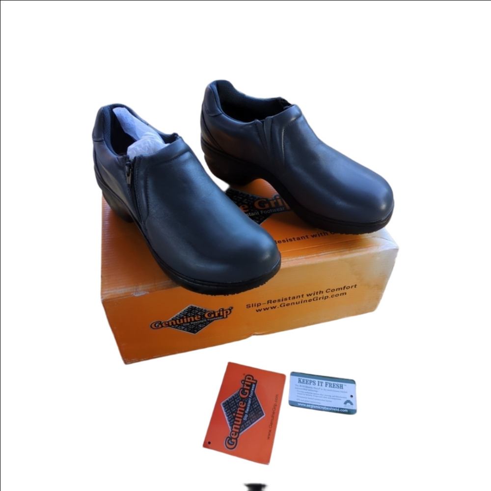 Genuine Grip Womens Slip Resistant Comfort Shoes Black Side Zip Low Heel